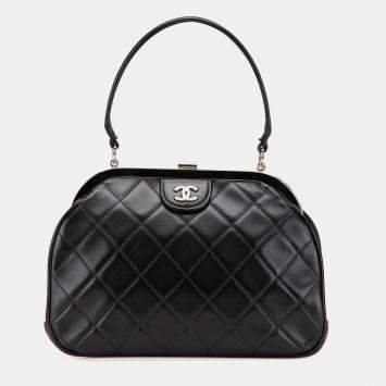 Chanel Black CC Quilted Lambskin Kiss Lock Frame Top Handle Bag