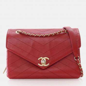 Pre Owned Chanel Red Calfskin Coco Chevron Envelope Small Flap Bag