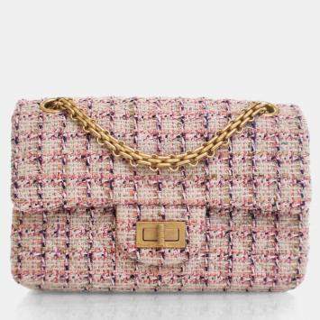 Pre Owned Chanel Pink Tweed Reissue 2.55 Flap Bag 224