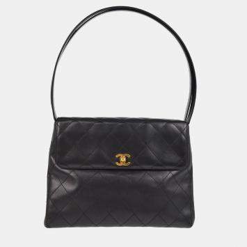 Pre Owned Chanel Black Lambskin Straight Flap Shoulder Bag