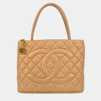 Pre Owned Chanel Beige Calfskin Medallion Tote Bag