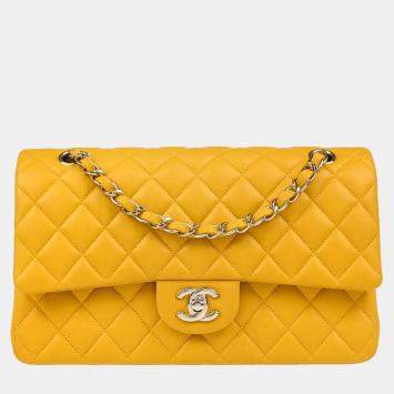 Pre Owned Chanel Yellow Lambskin Medium Classic Double Flap Shoulder Bag