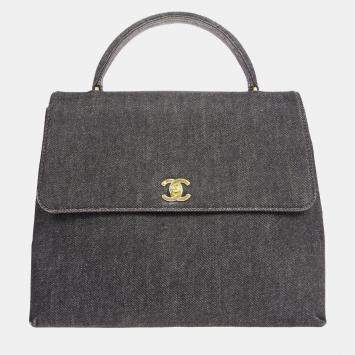 Pre Owned Chanel Black Denim Medium Top Handle Bag 