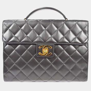 Chanel Black Lambskin Quilted Briefcase Laptop Bag 