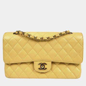 Pre Owned Chanel Beige Calfskin Medium Classic Double Flap Bag