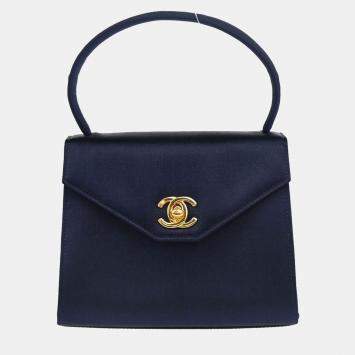 Pre Owned Chanel Navy Satin CC Top Handle Bag
