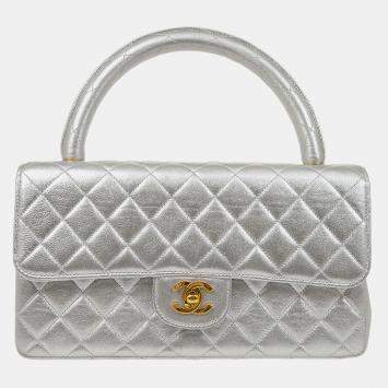 Pre Owned Chanel Silver Lambskin Quilted CC Top Handle Handbag