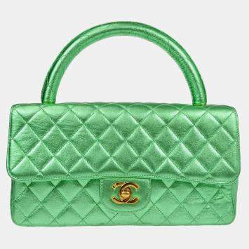 Pre Owned Chanel Metallic Green Lambskin Quilted CC Top Handle Handbag