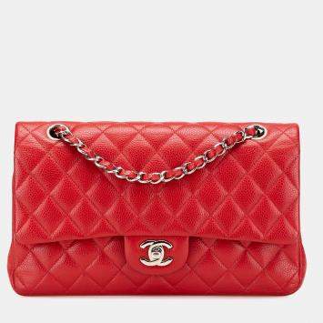 Pre Owned Chanel Red Medium Classic Caviar Double Flap
