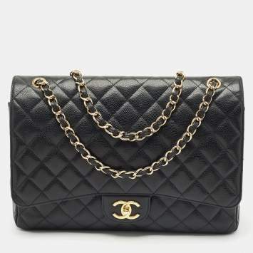 Pre Owned Chanel Black Quilted Caviar Leather Maxi Classic Double Flap Bag