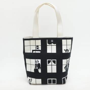 Pre Owned Chanel Navy Blue/White Canvas Coco Window Tote