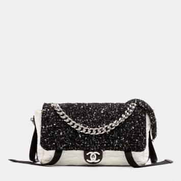 Pre Owned Chanel Black White Bicolor Tweed and Nylon Astronaut Essentials Flap