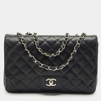 Pre Owned Chanel Black Quilted Caviar Leather Jumbo Classic Single Flap Bag