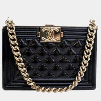 Chanel Black Patent Calfskin Boy Clutch with Chain