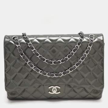 Pre Owned Chanel Grey Straited Quilted Patent Leather Maxi Classic Double Flap Bag