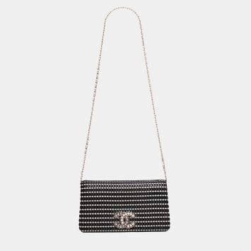 Pre Owned Chanel Black CC Bicolor Woven Lambskin Crystal Pearl Flap