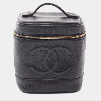 Chanel Black Leather Grained Galfskin Coco Mark Vanity Handbag 