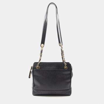 Chanel Black Caviar Skin Leather Coco Mark Triple Chain Tote Bag