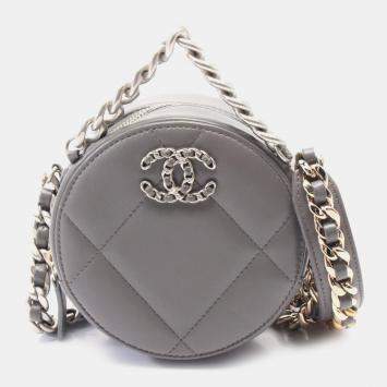 Chanel Grey Shiny Quilted Goatskin Chanel 19 Round Clutch With Chain 
