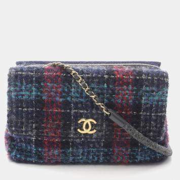 Pre Owned Chanel Blue Multicolor Tweed Quilted Enamel CC Double Flap Bag