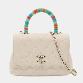 Chanel White Quilted Chevre  Rainbow Coco Handle Flap Bag