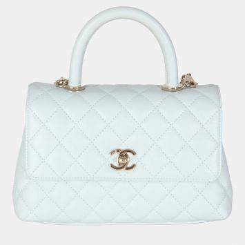 Pre Owned Chanel 21K Blue Quilted Caviar Mini Coco Handle Flap Bag
