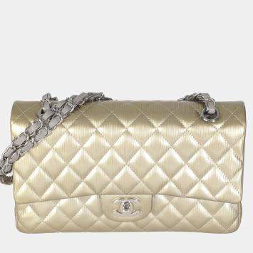 Pre Owned Chanel Gold Striated Quilted Patent Medium Classic Double Flap Bag