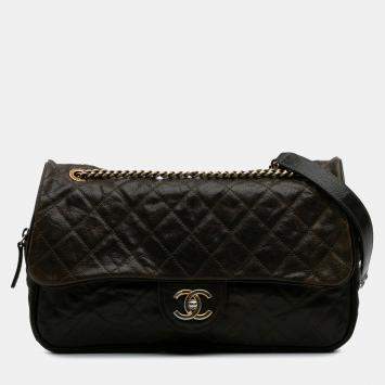 Pre Owned Chanel Brown Large Quilted Glazed Caviar Shiva Flap