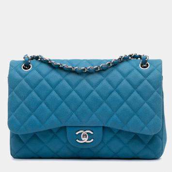 Pre Owned Chanel Blue Jumbo Classic Caviar Double Flap