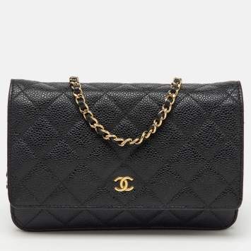 Pre Owned Chanel Black Quilted Caviar Leather CC Classic Wallet On Chain