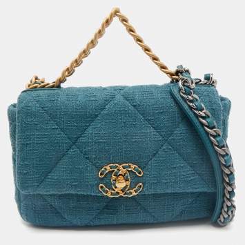 Pre Owned Chanel Dark Green Quilted Tweed Small 19 Flap Bag