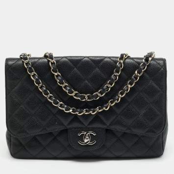 Pre Owned Chanel Black Quilted Caviar Leather Jumbo Classic Single Flap Bag
