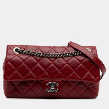 Pre Owned Chanel Red Medium Glazed Calfskin Duo Color Flap