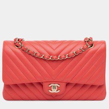 Chanel Red Medium Classic Chevron Lambskin Double Flap