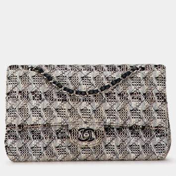 Chanel White Medium Classic Tweed Double Flap