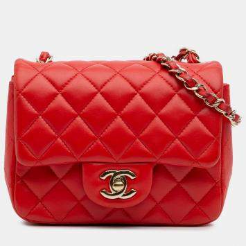 Pre Owned Chanel Red Mini Square Classic Lambskin Single Flap