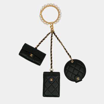 Chanel Black Lambskin Pearl Crown CC Wristlet Multi Pouches