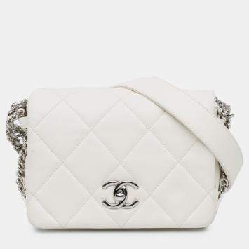 Pre Owned Chanel Mini Quilted Chain Rows Flap White Lambskin Bag