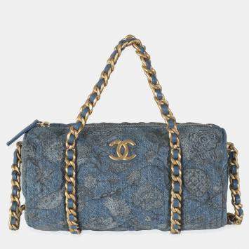 Chanel 21A Blue Floral Quilted Denim Destination Chenonceau Bowling Bag