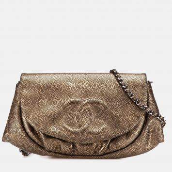 Pre Owned Chanel Gold CC Metallic Caviar Half Moon Wallet on Chain