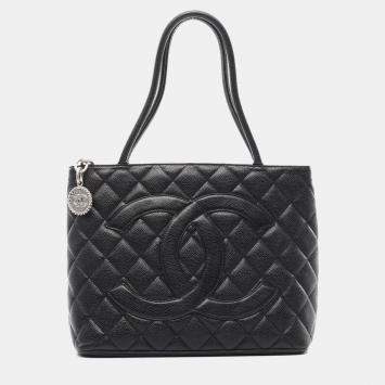 Pre Owned Chanel Medallion Black Grained Calfskin Leather Tote Bag