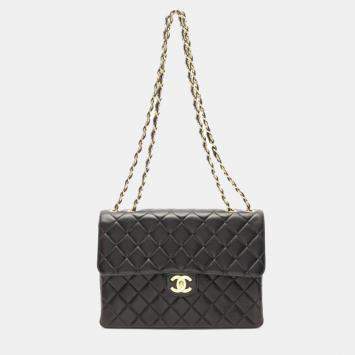 Pre Owned Chanel Jumbo Single Flap Black Lambskin Shoulder Chain Bag