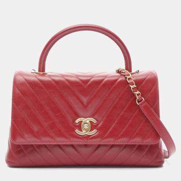 Pre Owned Chanel Coco Handle Red V Stitch Leather Top Handle Bag