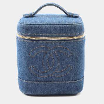 Pre Owned Chanel Coco Mark Navy Denim Vanity Handbag