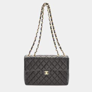 Pre Owned Chanel  Single Flap Jumbo Black Matelasse Lamb Leather Shoulder Bag