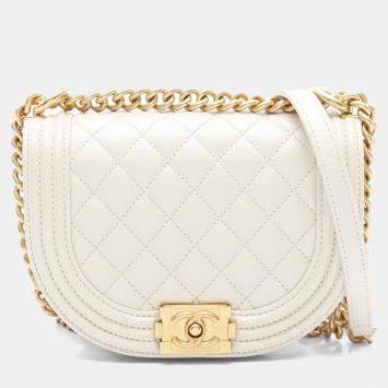 Pre Owned Chanel Mini Messenger White Quilted Caviar LeatherBag