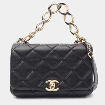 Pre Owned Chanel Color Match Flap Small Black Lambskin Quilted Bag