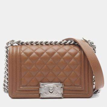 Pre Owned Chanel Boy Small Brown Leather Shoulder Bag