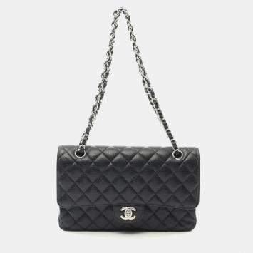Pre Owned Chanel Classic Double Flap Black Leather Shoulder Bag