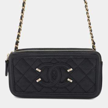 Pre Owned Chanel CC Filigree Black Caviar Skin Wallet On Chain 